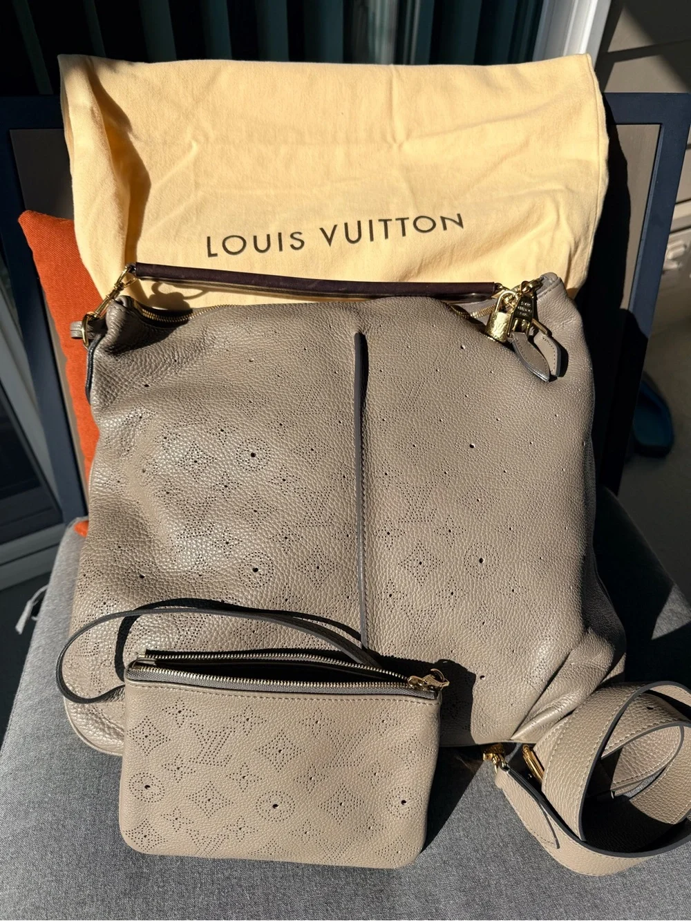 Louis Vuitton Taupe/Beige Selene Leather Shoulder Bag with Wristlet Authentic